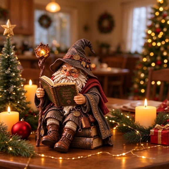 CASAVYNE Fantasy Wizard Reading Figurine with Lighted Staff, Resin Tabletop Decoration for Home, Magical Holiday Ornament