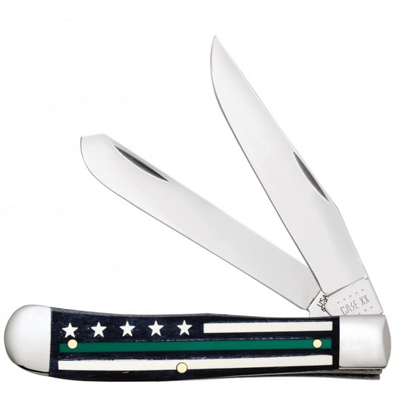 Case XX Knives Black Color Wash Bone Green Line Stripes of Service Flag Trapper Pocket Knife