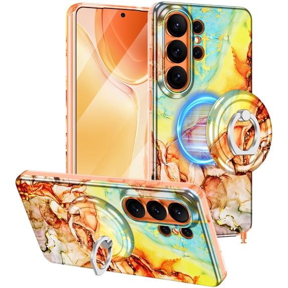 CASEFIV Compatible with Magnetic for Samsung Galaxy S26 Ultra Case with Invisible Ring Stand,Rugged Slim Shockproof Marble Pattern Design Case for Women Men Girls,Orange Marble