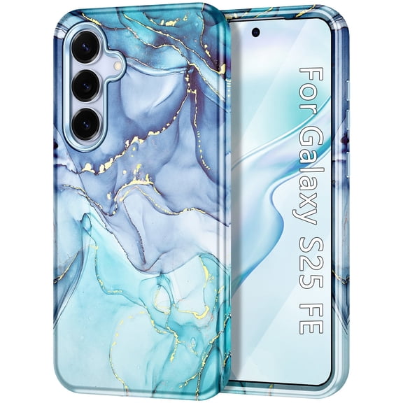 CASEFIV Compatible with Samsung Galaxy S25 FE Case,Marble Pattern 3 in 1 Heavy Duty Shockproof Hard PC+Soft Silicone Drop Protective Women Girls Case for Galaxy S25 FE (2025),Blue Cyan