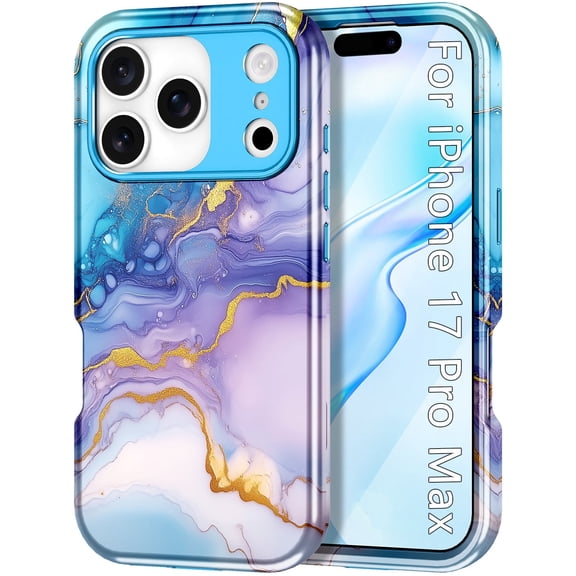 CASEFIV Compatible with iPhone 17 Pro Max Case 6.9 Inch 2025,Marble Pattern Heavy Duty Shockproof Rugged Drop Protective Women Girls Phone Cases for iPhone 17 Pro Max,Purple/Blue