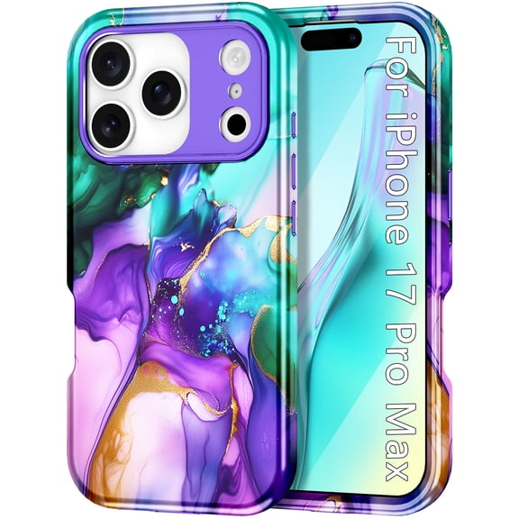 CASEFIV Compatible with iPhone 17 Pro Max Case 6.9 Inch 2025,Marble Pattern Heavy Duty Shockproof Rugged Drop Protective Women Girls Phone Cases for iPhone 17 Pro Max,Purple Cyan