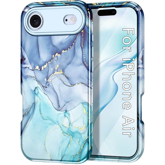 CASEFIV Compatible with iPhone Air Case 6.5 Inch 2025,Marble Pattern 3 in 1 Heavy Duty Shockproof Rugged Hard PC+Soft Silicone Drop Protective Women Girls Phone Cases for iPhone 17 Air,Blue Cyan