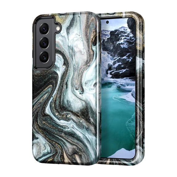 CASEFIV for Galaxy S21 Case,Fashion Marble Pattern 3 in 1 Heavy Duty Shockproof Full Body Rugged Protective Covers for Samsung Galaxy S21 5G 6.2 inch,Golden Sands/Black