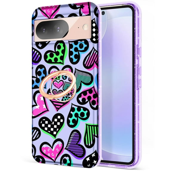 CASEFIV for Google Pixel 8 Pro 5G Case,Heavy Duty with Rotation Ring Magnetic Car Mount Full Body Shockproof Rugged Protection Slim Phone Cover,Rainbow Hearts