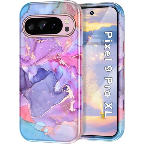 CASEFIV for Google Pixel 9 Pro XL Case 2024 [Military Grade Shockproof] Stylish Marble Pattern Slim Protective 3 Layers Hard PC+Soft Silicone Rugged Women Men Anti-Scratch Cover,Pink