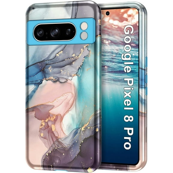 CASEFIV Marble 3-in-1 Shockproof Rugged Cell Phone Case for Google Pixel 8 Pro (2023), Blue Gray