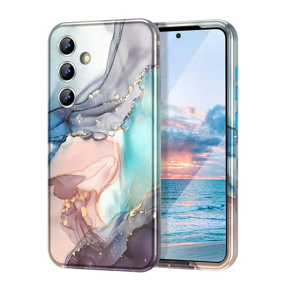 CASEFIV for Samsung Galaxy 24 Case (2024),Marble Pattern 3 in 1 Heavy Duty Full Body Shockproof Hard PC+Soft Silicone Drop Protective Women Girls Cover,Blue Gray