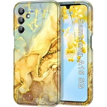 CASEFIV for Samsung Galaxy A15 5G Case,Marble Pattern 3 in 1 Heavy Duty Shockproof Full Body Hard PC+Soft Silicone Drop Protective Women Girls Case,Amber Yellow