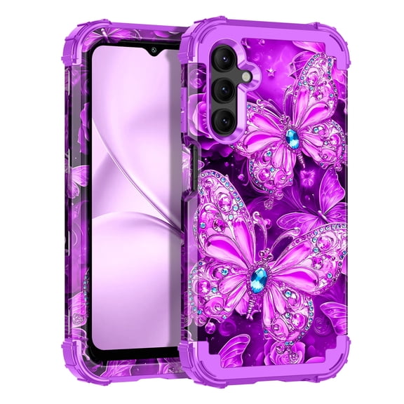 CASEFIV for Samsung Galaxy A16 5G Case,Three Layer Heavy Duty Shockproof Protection Hard Plastic Bumper +Soft Silicone Rubber Protective Case,Purple Butterfly