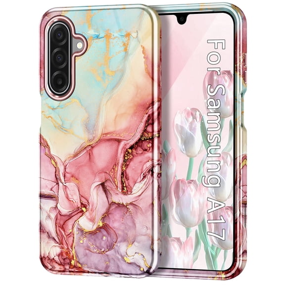 CASEFIV for Samsung Galaxy A17 5G Case,Marble Three Layer Heavy Duty Shockproof Protection Hard Plastic Bumper +Soft Silicone Rubber Protective Case,Rose Gold