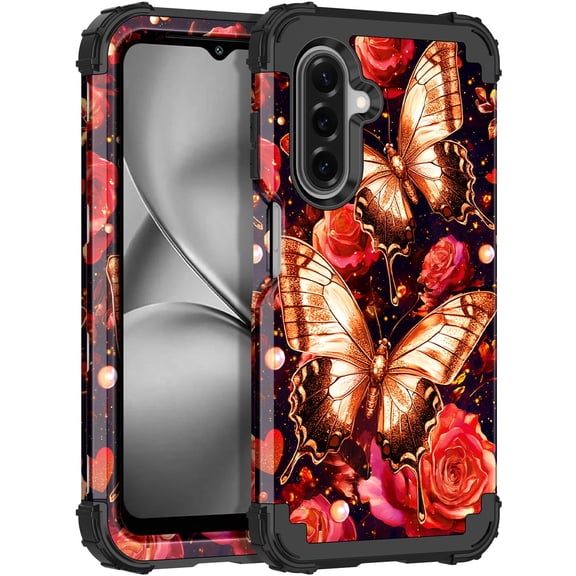 CASEFIV for Samsung Galaxy A17 5G Case,Three Layer Heavy Duty Shockproof Protection Hard Plastic Bumper  Soft Silicone Rubber Protective Case,Black Butterfly