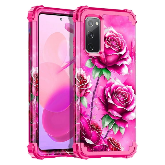 CASEFIV for Samsung Galaxy S20 FE 5G Case,Glow in The Dark Three Layer Heavy Duty Shockproof Protection Hard Plastic Bumper Soft Silicone Protective Case for Women Girls,Pink Rose