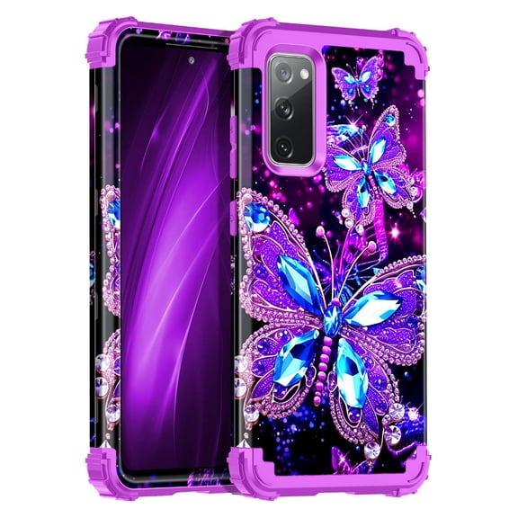CASEFIV for Samsung Galaxy S20 FE 5G Case,Glow in The Dark Three Layer Heavy Duty Shockproof Protection Hard Plastic Bumper+Soft Silicone Protective Case for Women Girls,Purple Butterfly