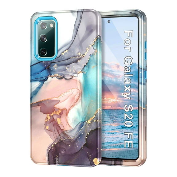 CASEFIV for Samsung Galaxy S20 FE 5G Case,Marble Pattern 3 in 1 Heavy Duty Shockproof Rugged Hard PC+Soft Silicone Drop Protective Covers for Women Girls,Blue Gray