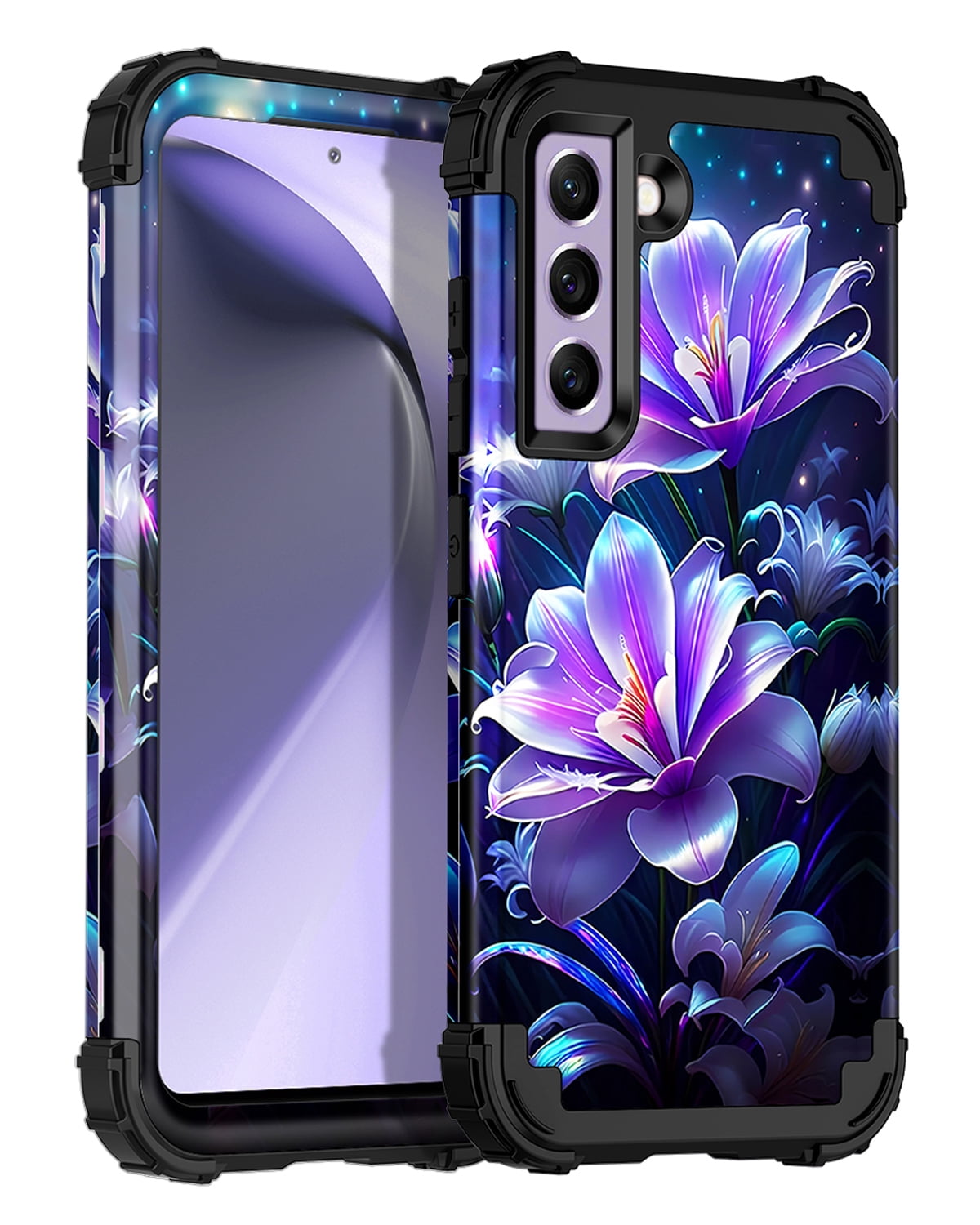 CASEFIV for Samsung Galaxy S21 FE 5G Case,Glow in The Dark Three Layer Heavy Duty Shockproof Protection Hard Plastic Bumper+Soft Silicone Protective Case for Galaxy S21 FE 5G,Purple Flower