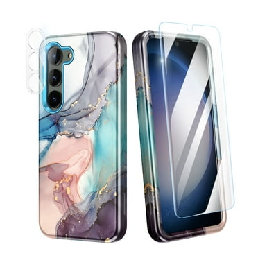 CASEFIV for Samsung Galaxy S23 Case, 2 Pack Tempered Glass Screen Protector&Camera Lens Protector, Marble Pattern Heavy Duty Shockproof Full Body Hard PC+Soft Silicone Phone Cover,Light Blue