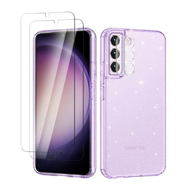 CASEFIV for Samsung Galaxy S23 Case, with 2 Screen Protector + 2 Camera Lens Protector,Crystal Bling Sparkly Shiny Soft Flexible TPU Slim Drop Phone Cover for Women Girls,Purple Clear Glitter