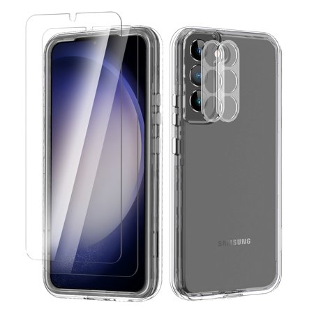 CASEFIV for Samsung Galaxy S23 Case 6.1 Inch, with 2Pcs Tempered Glass Screen Protector+2Pcs Camera Lens Protector Shiny Sparkly Bling Shockproof Cover 2023,Clear