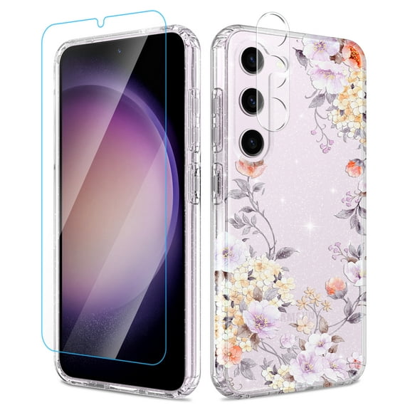 CASEFIV for Samsung Galaxy S23 Case,with 2 Screen Protector+2 Camera Lens Protector Floral Bling Sparkly Shiny Hard PC Slim Drop Protection Shockproof for Women Girls,Cherry Flower