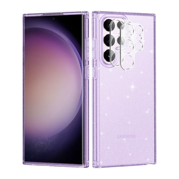 CASEFIV for Samsung Galaxy S23 Ultra 6.8 inch Case, with 2 Camera Lens Protector,Crystal Bling Sparkly Shiny Soft Flexible TPU Slim Drop Phone Cover for Women Girls,Purple Glitter