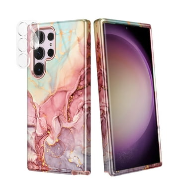 CASEFIV for Samsung Galaxy S23 Ultra Case, [2 Pack Camera Lens Protector], Marble Pattern Heavy Duty Shockproof Full Body Hard PC+Soft Silicone Phone Cover, Rose Gold