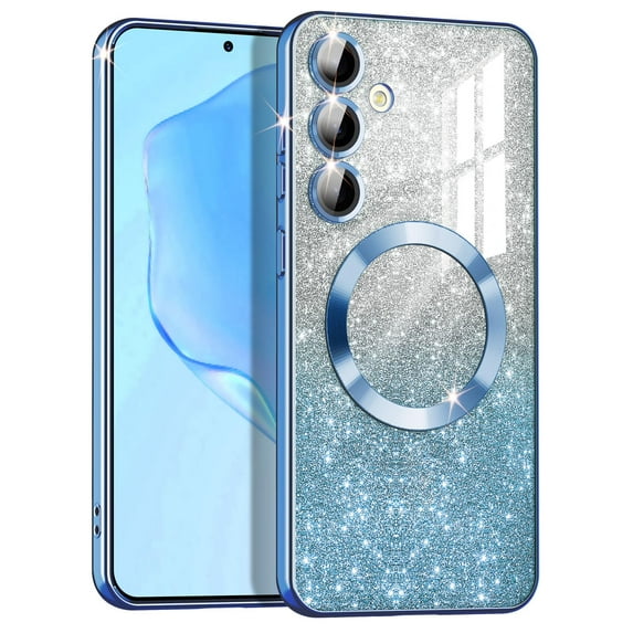 CASEFIV for Samsung Galaxy S24 Case,Compatible with MagSafe,Clear Magnetic Glitter Gradient Sparkle Luxury Plated Soft TPU Bumper Full Camera Lens Protector,Blue