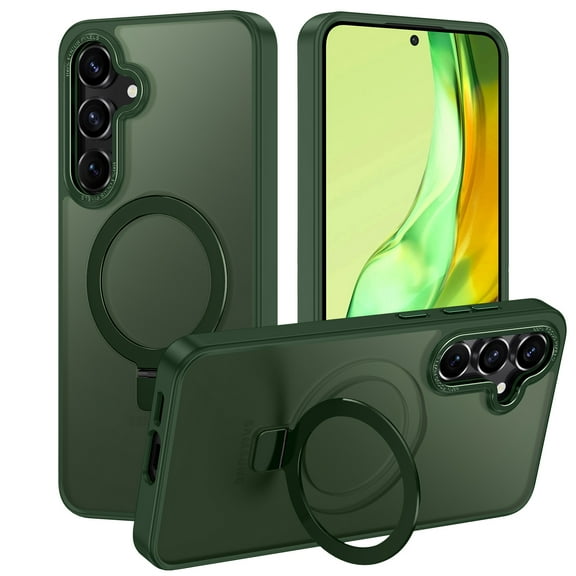 CASEFIV for Samsung Galaxy S24 FE Case,with Magnetic Invisible Stand [Military Drop Protection] [Compatible with MagSafe] Shockproof Slim Translucent Anti-Slip,Green