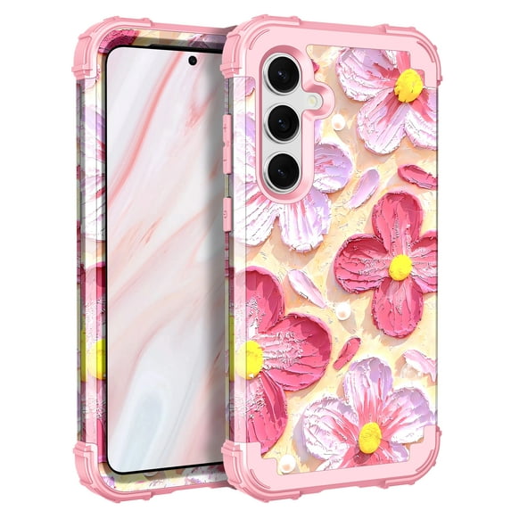 CASEFIV for Samsung Galaxy S24 Plus 5G Case,Shockproof 3 in 1 Heavy Duty Hybrid Rugged Full Body Protective Cute Oil Painting Flowers Phone Cover,Pink
