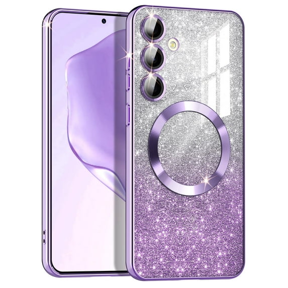 CASEFIV for Samsung Galaxy S24 Plus Case,Compatible with MagSafe,Clear Magnetic Glitter Gradient Sparkle Luxury Plated Soft TPU Bumper Full Camera Lens Protector,Light Purple