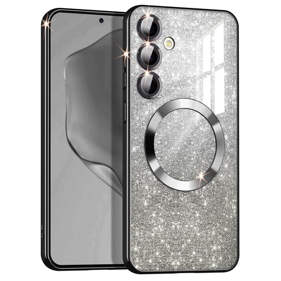 CASEFIV for Samsung Galaxy S24 Plus Case,Compatible with MagSafe,Clear Magnetic Glitter Gradient Sparkle Luxury Plated Soft TPU Bumper Full Camera Lens Protector,Black