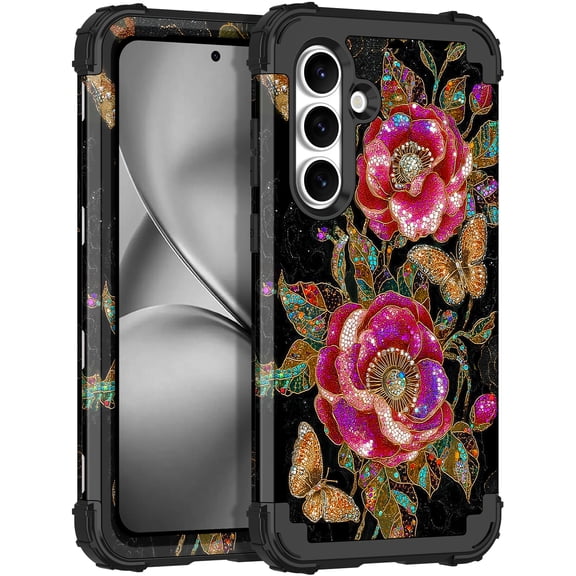 CASEFIV For Samsung Galaxy S25 FE Case,Glow in the dark Heavy Duty Shockproof Hard PC+Soft Silicone Drop Protective Women Girls Case for Galaxy S25 FE (2025),Black Flower