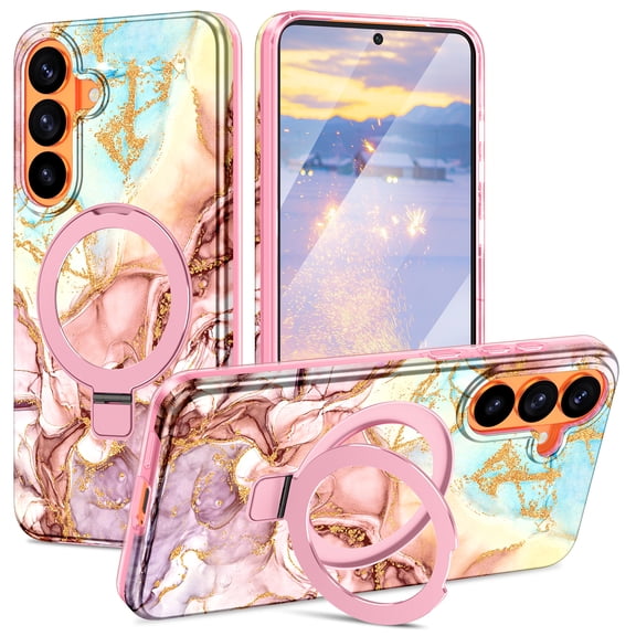 CASEFIV for Samsung Galaxy S26 Plus Case,[Magnetic Invisible Stand][Military-Grade Drop Protection] Slim Glossy Marble Pattern Back Shockproof Protective Phone Cover,Rose Gold Marble
