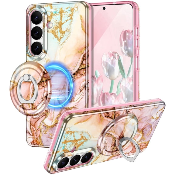 CASEFIV Compatible with Magnetic for Samsung Galaxy S26 Case with Invisible Ring Stand,Rugged Slim Shockproof Marble Pattern Design Case for Women Men Girls,Rose Gold Marble