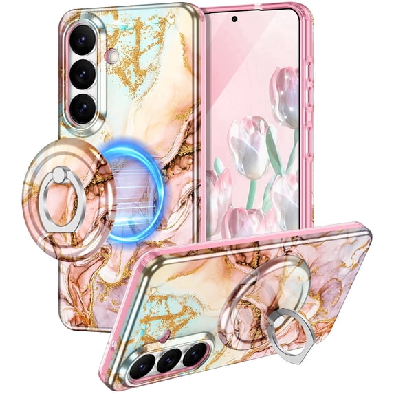 CASEFIV Compatible with Magnetic for Samsung Galaxy S26 Case with Invisible Ring Stand,Rugged Slim Shockproof Marble Pattern Design Case for Women Men Girls,Rose Gold Marble
