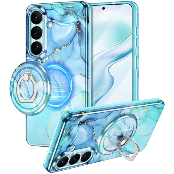 CASEFIV Compatible with Magnetic for Samsung Galaxy S26 Case with Invisible Ring Stand,Rugged Slim Shockproof Marble Pattern Design Case for Women Men Girls,Blue Marble