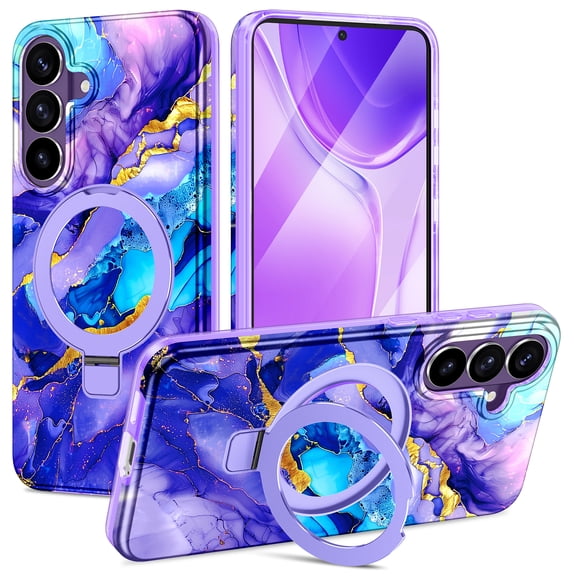 CASEFIV for Samsung Galaxy S26 Plus Case,[Magnetic Invisible Stand][Military-Grade Drop Protection] Slim Glossy Marble Pattern Back Shockproof Protective Phone Cover,Purple Marble