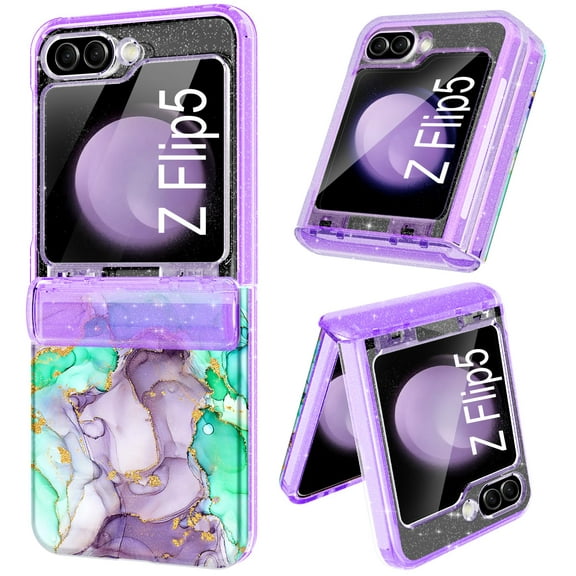CASEFIV for Samsung Galaxy Z Flip 5 Case,Built in Front Screen Protector,Gold Glitter Marble Pattern Hard PC Slim Shockproof Full Body Drop Protective Case,Purple Green