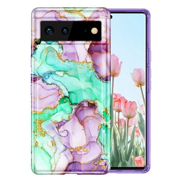 CASEFIV for Google Pixel 6 Case,Marble Pattern Heavy Duty Shockproof Full Body Protective Phone Cover for Women Girls,Light Purple