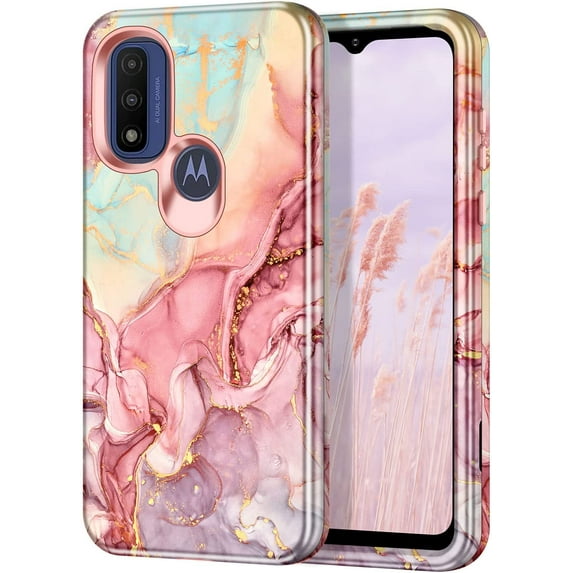 CASEFIV for Moto G Pure (2021) Case,Marble Pattern Heavy Duty Shockproof Full Body Protective Phone Cover for Women Girls,Rose Gold