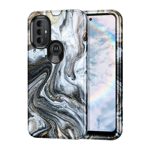 CASEFIV for Motorola G Power 2022 Case,Marble Pattern Heavy Duty Shockproof Full Body Protective Phone Covers for Women Girls,Gray