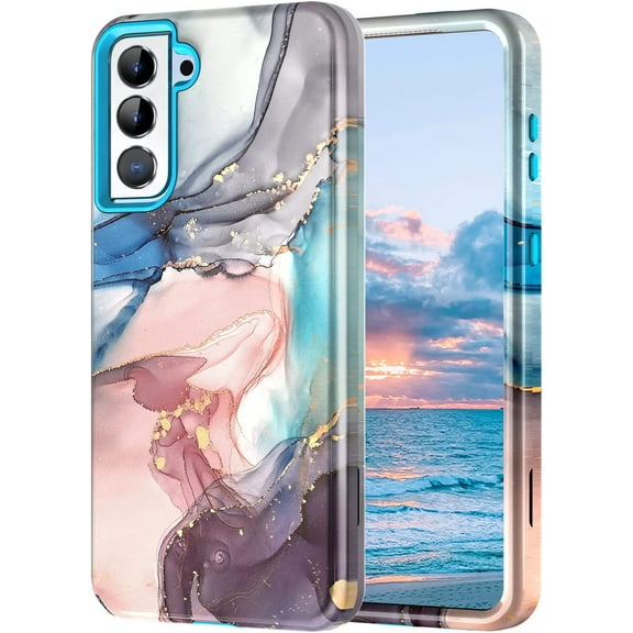 CASEFIV for Samsung Galaxy S22 5G Case,Marble Pattern Duty Shockproof Full Body Protective Phone Cover for Women Girls,Blue Gray