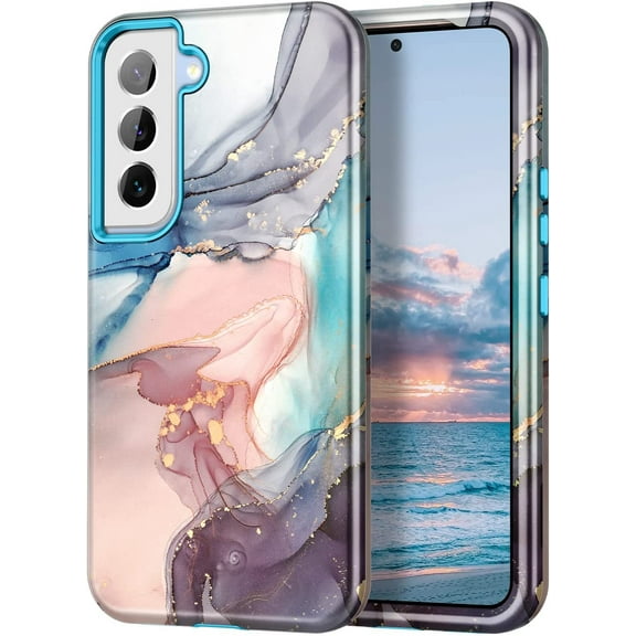 CASEFIV for Samsung Galaxy S22 Plus 5G Case,Marble Pattern Heavy Duty Shockproof Full Body Protective Phone Covers for Women Girls,Blue Gray