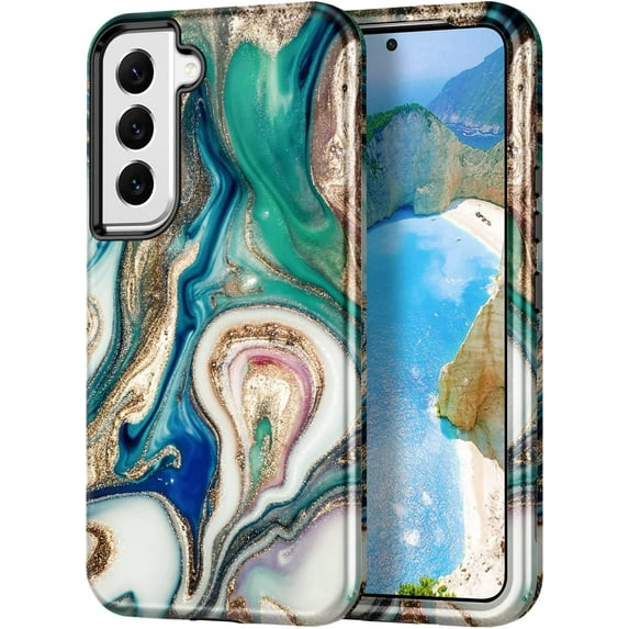 CASEFIV for Samsung Galaxy S22+/S22 Plus 5G Case,Marble Pattern Heavy Duty Shockproof Full Body Protective Women Girl Covers for S22+/S22 Plus,Blue