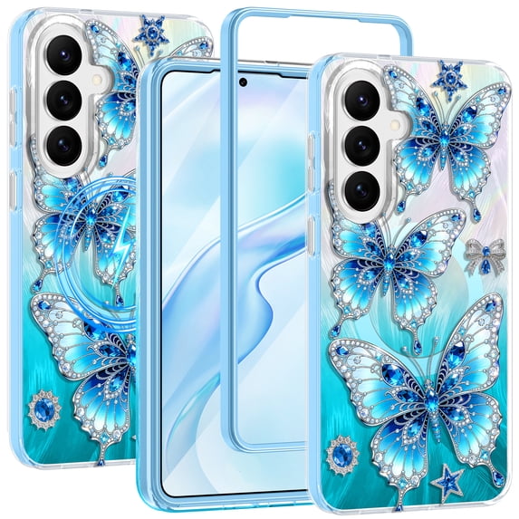 CASEFIV for Samsung Galaxy S26 Case,Cute Butterfly Pattern Magnetic Phone Cover Translucent Slim Protective Case for Women Girls,Blue Butterfly