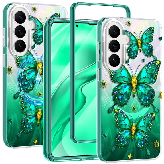 CASEFIV for Samsung Galaxy S26 Case,Cute Butterfly Pattern Magnetic Phone Cover Translucent Slim Protective Case for Women Girls,Green Butterfly