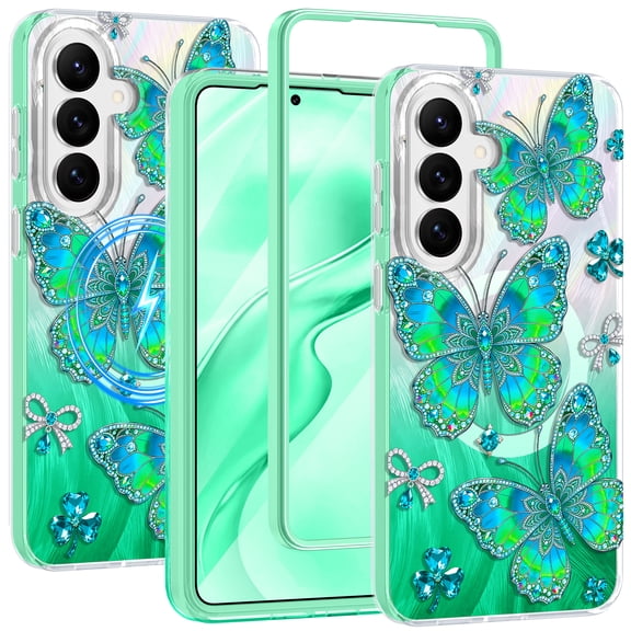 CASEFIV for Samsung Galaxy S26 Plus Case,Cute Butterfly Pattern Magnetic Phone Cover Translucent Slim Protective Case for Women Girls,Green Butterfly