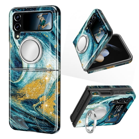CASEFIV for Samsung Galaxy Z Flip 4 Case,with 360° Ring Holder Kickstand Bling Glitter Rugged Protective Women Men Cover,Ocean