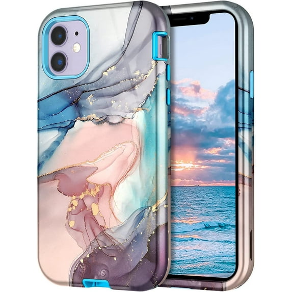 CASEFIV for iPhone 11 Case,Heavy Duty Shockproof Full Body Protective Marble Pattern Phone Cover for Women Girls,Blue Gray