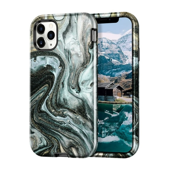 CASEFIV for iPhone 11 Pro Max Case 6.5 inch,Marble Pattern Shockproof Full Body Protective Women Girls Cover, Golden Sands/Black